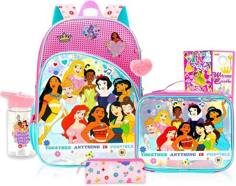 Disney Princess Backpack and Lunch Bag Set - Bundle with 16" Backpack, Lunch Box, Pencil Holder, Water Bottle, Stickers, More | Disney Princess School Bag for Girls, Kids in Kuwait