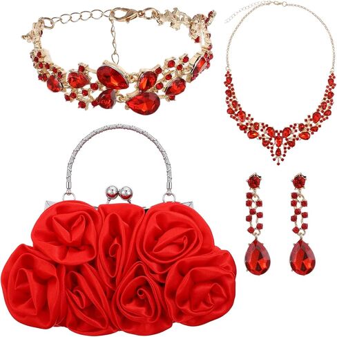 4 PCS Women Rose Clutch Purse, Rhinestone Jewelry Set for Women with Rose Clutch Purse with Detachable Strap Detachable Necklace Earrings Bracelets for Prom, Wedding, Birthday Party Gift in Kuwait