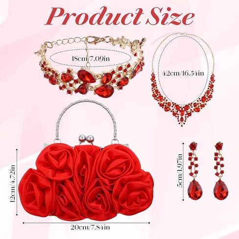 4 PCS Women Rose Clutch Purse, Rhinestone Jewelry Set for Women with Rose Clutch Purse with Detachable Strap Detachable Necklace Earrings Bracelets for Prom, Wedding, Birthday Party Gift in Kuwait