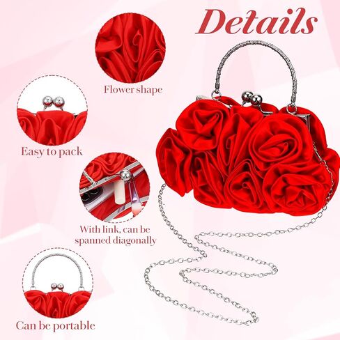 4 PCS Women Rose Clutch Purse, Rhinestone Jewelry Set for Women with Rose Clutch Purse with Detachable Strap Detachable Necklace Earrings Bracelets for Prom, Wedding, Birthday Party Gift in Kuwait