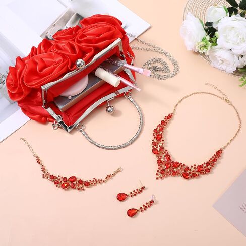 4 PCS Women Rose Clutch Purse, Rhinestone Jewelry Set for Women with Rose Clutch Purse with Detachable Strap Detachable Necklace Earrings Bracelets for Prom, Wedding, Birthday Party Gift in Kuwait