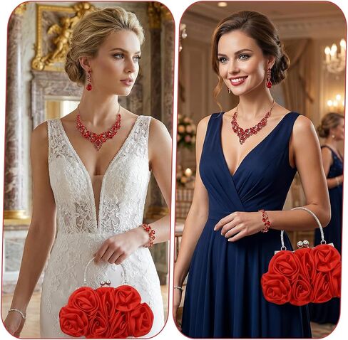 4 PCS Women Rose Clutch Purse, Rhinestone Jewelry Set for Women with Rose Clutch Purse with Detachable Strap Detachable Necklace Earrings Bracelets for Prom, Wedding, Birthday Party Gift in Kuwait