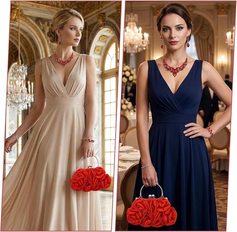 4 PCS Women Rose Clutch Purse, Rhinestone Jewelry Set for Women with Rose Clutch Purse with Detachable Strap Detachable Necklace Earrings Bracelets for Prom, Wedding, Birthday Party Gift in Kuwait