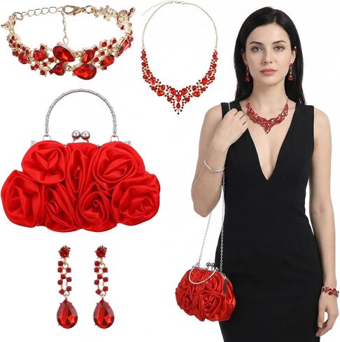 4 PCS Women Rose Clutch Purse, Rhinestone Jewelry Set for Women with Rose Clutch Purse with Detachable Strap Detachable Necklace Earrings Bracelets for Prom, Wedding, Birthday Party Gift in Kuwait