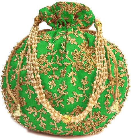 Indian Ethnic Potli Bag Ladies Handbag Purse for Bridal Batwa Pearls Handle Purse Clutch Purse for Women | Lightweight in Saudi Arabia