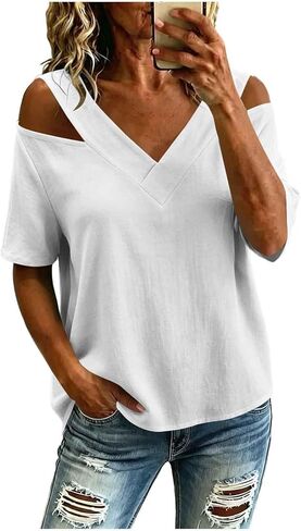 Casual Short Tops for Women Cold Shoulder V Neck Tunic Shirt Summer Fashion Outfits Clothing for Daily Wear in Saudi Arabia