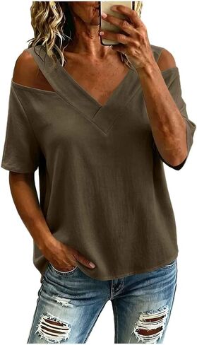 Casual Short Tops for Women Cold Shoulder V Neck Tunic Shirt Summer Fashion Outfits Clothing for Daily Wear in Saudi Arabia