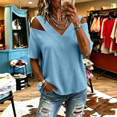 Casual Short Tops for Women Cold Shoulder V Neck Tunic Shirt Summer Fashion Outfits Clothing for Daily Wear in Saudi Arabia