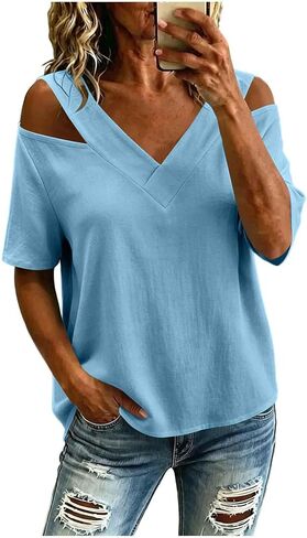 Casual Short Tops for Women Cold Shoulder V Neck Tunic Shirt Summer Fashion Outfits Clothing for Daily Wear in Saudi Arabia