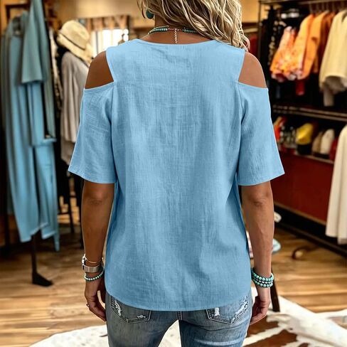 Casual Short Tops for Women Cold Shoulder V Neck Tunic Shirt Summer Fashion Outfits Clothing for Daily Wear in Saudi Arabia