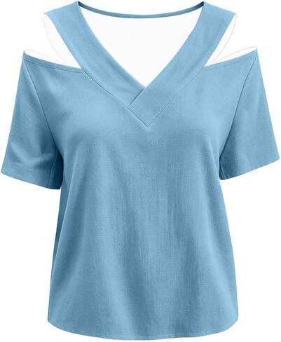 Casual Short Tops for Women Cold Shoulder V Neck Tunic Shirt Summer Fashion Outfits Clothing for Daily Wear in Saudi Arabia