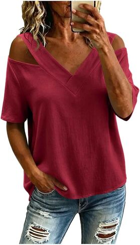 Casual Short Tops for Women Cold Shoulder V Neck Tunic Shirt Summer Fashion Outfits Clothing for Daily Wear in Saudi Arabia