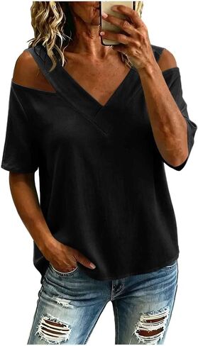 Casual Short Tops for Women Cold Shoulder V Neck Tunic Shirt Summer Fashion Outfits Clothing for Daily Wear in Saudi Arabia