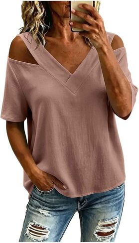 Casual Short Tops for Women Cold Shoulder V Neck Tunic Shirt Summer Fashion Outfits Clothing for Daily Wear in Saudi Arabia