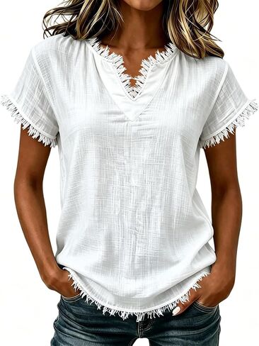 Linen Tops for Women V Neck Retro Ruffle Fringe Tops Y2K Irregular Plain Boho Peplum Shirts Short Sleeve Blouses in Saudi Arabia