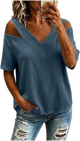 Casual Short Tops for Women Cold Shoulder V Neck Tunic Shirt Summer Fashion Outfits Clothing for Daily Wear in Saudi Arabia