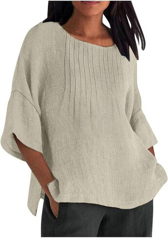 Womens Tops Cotton Linen Boatneck 3/4 Length Sleeve Shirts Summer Plus Size Pleated Front Side Slit Tunic Tops in Kuwait