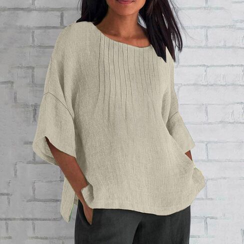 Womens Tops Cotton Linen Boatneck 3/4 Length Sleeve Shirts Summer Plus Size Pleated Front Side Slit Tunic Tops in Kuwait