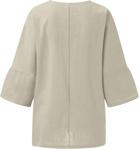 Womens Tops Cotton Linen Boatneck 3/4 Length Sleeve Shirts Summer Plus Size Pleated Front Side Slit Tunic Tops in Kuwait