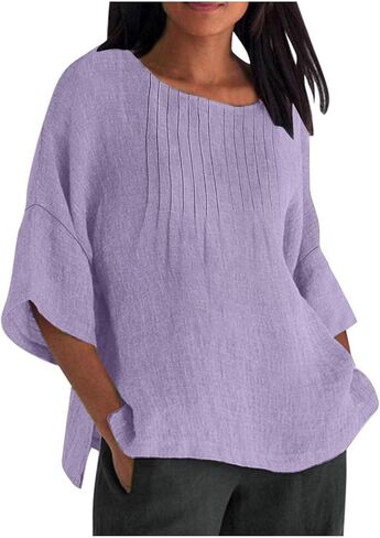 Womens Tops Cotton Linen Boatneck 3/4 Length Sleeve Shirts Summer Plus Size Pleated Front Side Slit Tunic Tops in Kuwait