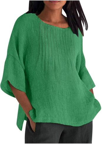 Womens Tops Cotton Linen Boatneck 3/4 Length Sleeve Shirts Summer Plus Size Pleated Front Side Slit Tunic Tops in Kuwait