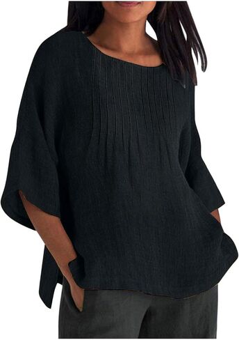Womens Tops Cotton Linen Boatneck 3/4 Length Sleeve Shirts Summer Plus Size Pleated Front Side Slit Tunic Tops in Kuwait