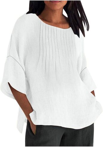 Womens Tops Cotton Linen Boatneck 3/4 Length Sleeve Shirts Summer Plus Size Pleated Front Side Slit Tunic Tops in Kuwait