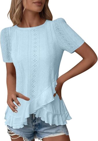 Eyelet Tops for Women Irregular Ruffle Hem Shirts Solid Short Sleeve Tee Shirts Blouse Outfits Beach Vacation Clothes in Kuwait