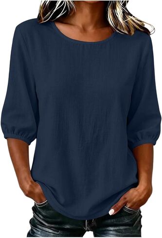 Womens Crew Neck Tunic Tops 3/4 Puff Sleeve Blouses with Elastic Cuffs Summer Flowy Tunics Dressy Casual Shirts in Saudi Arabia