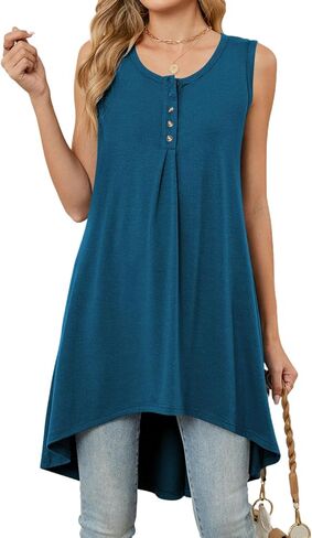 Naggoo Women's Sleeveless Tunic Tops Button V Neck High Low Casual Long Shirts Summer Tank Tops in Saudi Arabia
