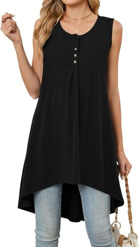 Naggoo Women's Sleeveless Tunic Tops Button V Neck High Low Casual Long Shirts Summer Tank Tops in Saudi Arabia