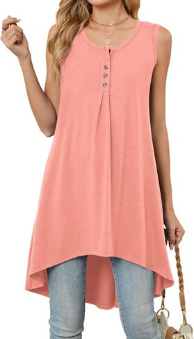 Naggoo Women's Sleeveless Tunic Tops Button V Neck High Low Casual Long Shirts Summer Tank Tops in Saudi Arabia
