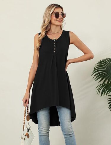Naggoo Women's Sleeveless Tunic Tops Button V Neck High Low Casual Long Shirts Summer Tank Tops in Saudi Arabia