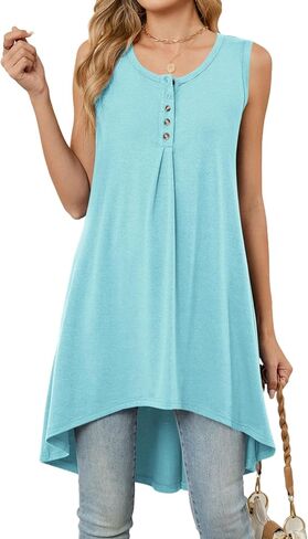 Naggoo Women's Sleeveless Tunic Tops Button V Neck High Low Casual Long Shirts Summer Tank Tops in Saudi Arabia