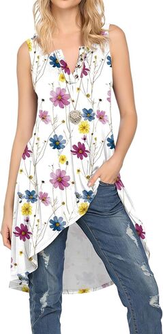 Naggoo Women's Sleeveless Tunic Tops Button V Neck High Low Casual Long Shirts Summer Tank Tops in Saudi Arabia