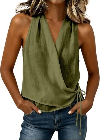 Womens Wrap V Neck Tank Tops Cotton Linen Gauze Sleeveless Shirts Self Tie Summer Casual Loose Beach Blouses in Kuwait