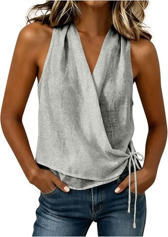 Womens Wrap V Neck Tank Tops Cotton Linen Gauze Sleeveless Shirts Self Tie Summer Casual Loose Beach Blouses in Kuwait