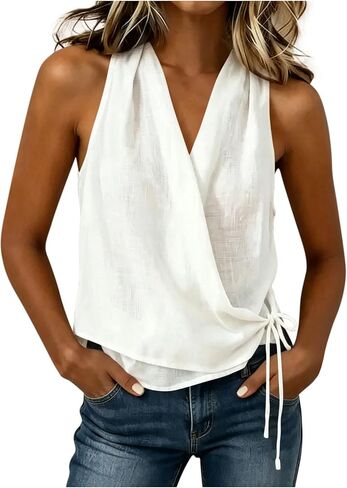 Womens Wrap V Neck Tank Tops Cotton Linen Gauze Sleeveless Shirts Self Tie Summer Casual Loose Beach Blouses in Kuwait