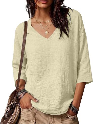Womens Linen Tops Summer Plus Size Gauze Shirts 3/4 Sleeve V Neck Tunic Blouse Loose Fit Casual Vacation Clothes in Kuwait