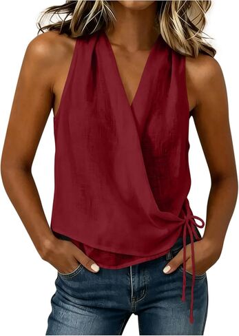 Womens Wrap V Neck Tank Tops Cotton Linen Gauze Sleeveless Shirts Self Tie Summer Casual Loose Beach Blouses in Kuwait