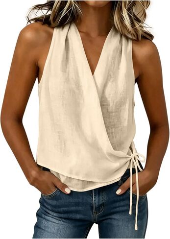 Womens Wrap V Neck Tank Tops Cotton Linen Gauze Sleeveless Shirts Self Tie Summer Casual Loose Beach Blouses in Kuwait