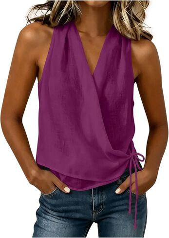 Womens Wrap V Neck Tank Tops Cotton Linen Gauze Sleeveless Shirts Self Tie Summer Casual Loose Beach Blouses in Kuwait
