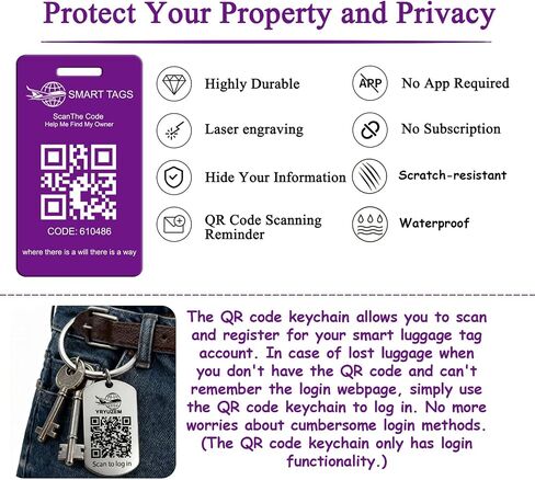 Smart Luggage Tags with QR Code Location Display, 2 Pack Privacy QR Code Lost and Found Luggage Tracking Tag, Waterproof & Durable Travel ID Labels for Suitcases & Backpacks(Purple) in Saudi Arabia