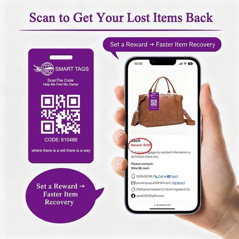 Smart Luggage Tags with QR Code Location Display, 2 Pack Privacy QR Code Lost and Found Luggage Tracking Tag, Waterproof & Durable Travel ID Labels for Suitcases & Backpacks(Purple) in Saudi Arabia