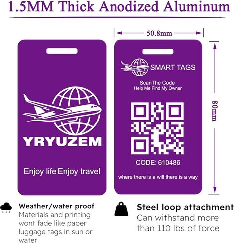 Smart Luggage Tags with QR Code Location Display, 2 Pack Privacy QR Code Lost and Found Luggage Tracking Tag, Waterproof & Durable Travel ID Labels for Suitcases & Backpacks(Purple) in Saudi Arabia