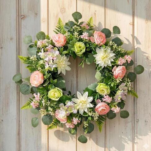 26 Inch Spring Wreath for Front Door Easter Wreath with Hydrangea, Peony & Rose – Wild Flowers Eucalyptus Leaves, Summer Wreath for Home Decor Farmhouse Wall Window Spring Decor Indoor Outdoor Decor in Saudi Arabia