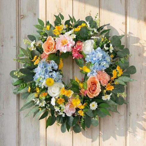 26 Inch Spring Wreath for Front Door Easter Wreath with Hydrangea, Peony & Rose – Wild Flowers Eucalyptus Leaves, Summer Wreath for Home Decor Farmhouse Wall Window Spring Decor Indoor Outdoor Decor in Saudi Arabia