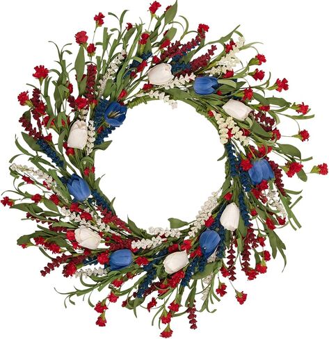 22 Inch Patriotic Tulip Wreath for Front Door, 4th of July Independence Day Memorial Day Decor with Red White Blue Flowers and Grain Stems, Indoor Outdoor Patriotic Wreaths for Home Porch Wall in Saudi Arabia