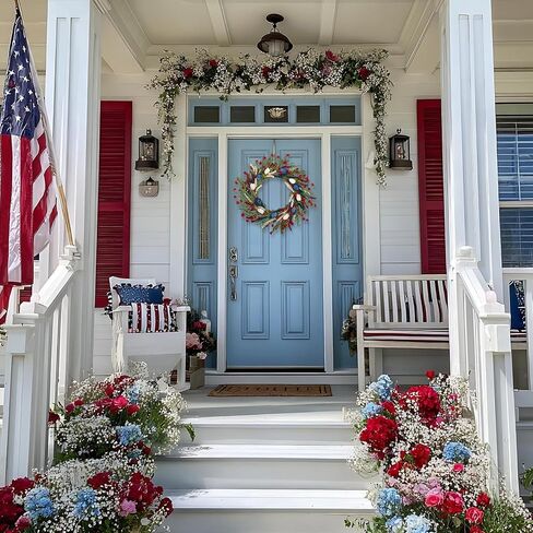 22 Inch Patriotic Tulip Wreath for Front Door, 4th of July Independence Day Memorial Day Decor with Red White Blue Flowers and Grain Stems, Indoor Outdoor Patriotic Wreaths for Home Porch Wall in Saudi Arabia