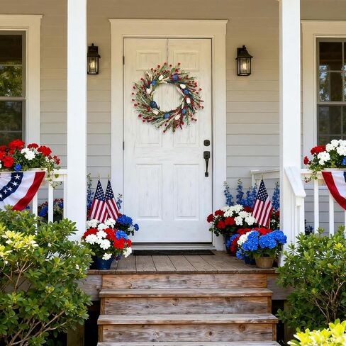 22 Inch Patriotic Tulip Wreath for Front Door, 4th of July Independence Day Memorial Day Decor with Red White Blue Flowers and Grain Stems, Indoor Outdoor Patriotic Wreaths for Home Porch Wall in Saudi Arabia